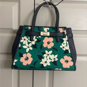 kate spade Green Floral Satchel with Peach and Navy Trim